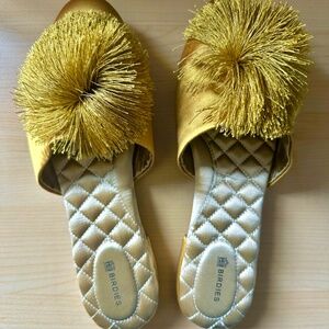 Birdies Slippers - gold satin, fringed pom pom, quilted satin soles
